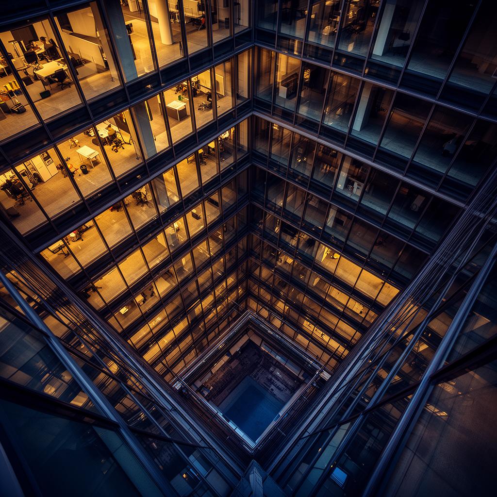 Glass atrium interior with geometric steel and glass structure